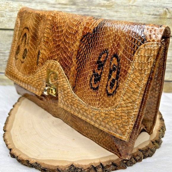 Vntg 70's Pierre Cardin Tan Brown Cobra Snakeskin Leather HandBag Clutch Purse - Picture 3 of 12